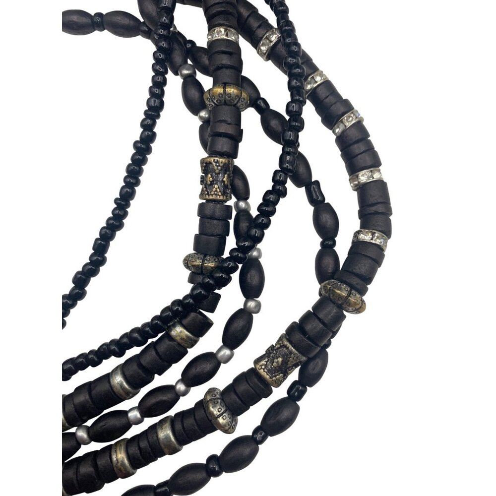 Chicos Signed Multi Strand Black Wood Bead Statement Necklace Rhinestone Boho - Picture 8 of 8